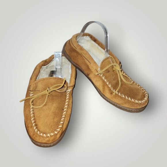 Minnetonka Brown Suede Moccasin Slippers Pile Lined Hard Soled 3902 11 - Picture 2 of 12